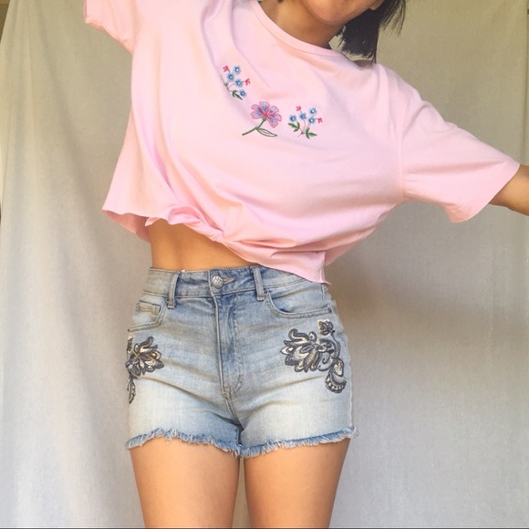 Vintage 90s Floral Embroidered Crop Top Tee L - Picture 3 of 7
